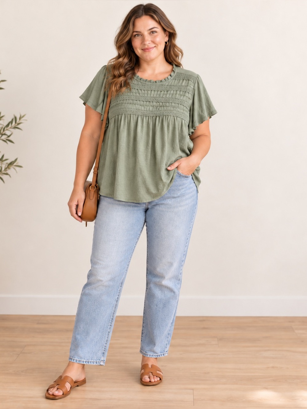 Ella Moss XL Sage Green Crochet Lace Flutter Sleeve Boho Top